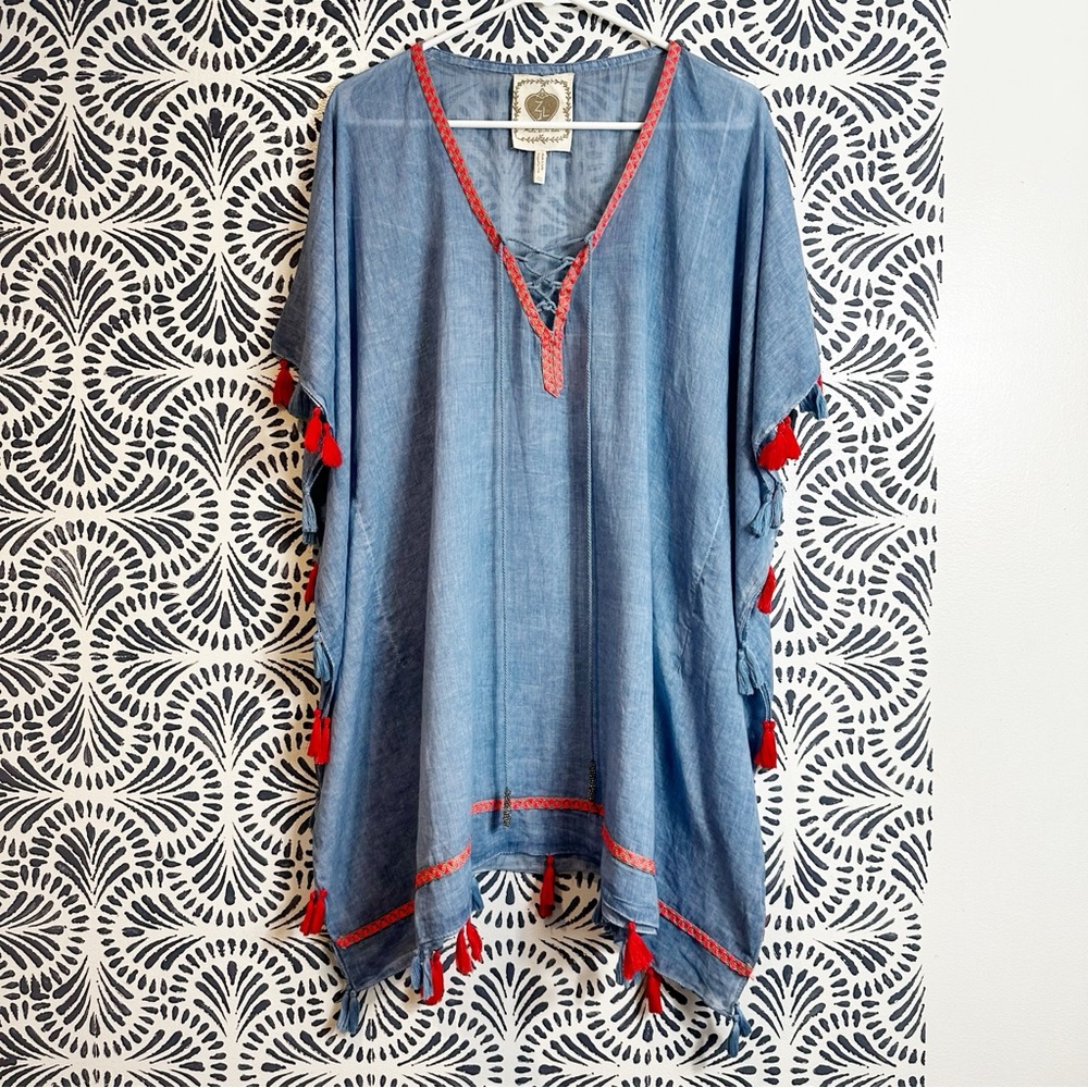 Z&L Sheer Cotton Boho Tassel Embroidered Swim Cover Top FLAWS